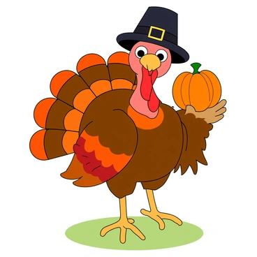 A cartoon turkey with vibrant feathers in shades of brown, red, and orange is standing prominently. It is wearing a classic black pilgrim hat with a shiny gold buckle on the front. In its wing, the turkey is proudly holding a small, round orange pumpkin. The pumpkin has a slightly textured surface and a green stem at the top. The turkey's eyes are large and expressive, and it has a cheerful smile, adding to its playful demeanor. The background features a soft, grassy ground to enhance the scene.