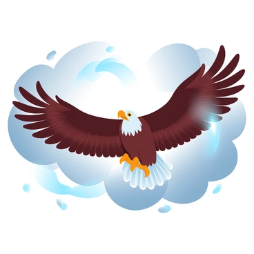 A majestic eagle is soaring through a stormy sky, its powerful wings spread wide. The feathers of the eagle are detailed and textured, showcasing a mix of browns and whites. In the background, dark storm clouds swirl ominously, creating a dramatic atmosphere. Bright flashes of lightning illuminate the eagle's wings, casting a glow that highlights its flight. The composition captures the tension of the storm, contrasting the eagle's grace with the chaotic weather surrounding it.
