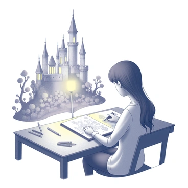 An illustrator seated at a wooden table, engaged in the process of creating a detailed drawing. In front of them lies an open sketchbook, filled with intricate designs of "castles" with tall spires and ornate windows. Surrounding the castles is a lush "enchanted forest" featuring whimsical trees with exaggerated shapes and sizes, and various fantastical plants. The illustrator is using a fine pen to add delicate lines and patterns, capturing the magical essence of the scene. A soft glow emanates from a nearby lamp, illuminating the workspace, while scattered pencils and erasers add to the creative atmosphere.