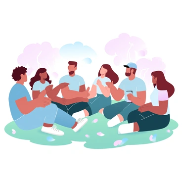 A group of five friends is sitting in a circle on a grassy area. Each friend is wearing casual clothing, and their body language indicates that they are animatedly engaged in a lively discussion. One friend has curly hair and is gesturing with their hands, while another friend with straight hair leans forward, showing interest. A third friend, wearing a colorful shirt, is laughing, and the fourth friend, with a baseball cap, is nodding in agreement. The fifth friend, with shoulder-length hair, has a notebook in their lap, taking notes. Surrounding them are scattered leaves and a backdrop of softly blurred trees.