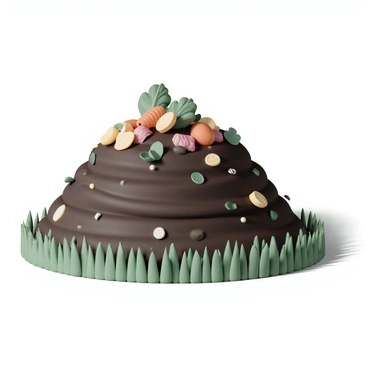 A neatly arranged compost heap, showcasing layers of rich, dark organic material. The compost is filled with visible vegetable scraps such as carrot peels, potato skins, and leafy greens. Among the scraps, there are various dried leaves mixed in, creating a textured appearance. The compost heap is surrounded by a border of fresh grass, enhancing the natural look of the compost area. Small insects and worms can be seen, actively contributing to the decomposition process. Sunlight filters through nearby trees, casting gentle shadows on the heap.