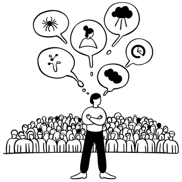 A person standing confidently in front of a large crowd, with arms crossed. Above their head, multiple thought bubbles are illustrated, each containing different symbols representing various fears such as a spider, a height, a dark cloud, and a ticking clock. The crowd is depicted as a mass of figures, with some looking up at the person. The thought bubbles are detailed, showcasing intricate line work.