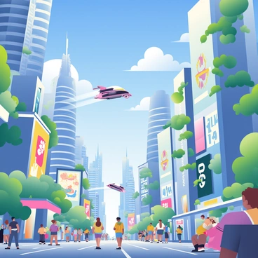 A bustling futuristic city is depicted with towering skyscrapers made of glass and steel, reflecting sunlight. The skyline is dotted with sleek, aerodynamic flying cars zipping through the air, leaving trails of light behind them. Below, the streets are crowded with people walking, some using advanced personal transportation devices. Bright advertisements light up the buildings, showcasing various holographic displays. Lush greenery is integrated into the architecture, with vertical gardens climbing up the sides of some skyscrapers. The sky is a vibrant blue, dotted with fluffy white clouds contrasting against the modern landscape.