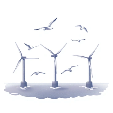 A flock of seagulls in flight above a series of tidal turbines positioned in the ocean. The turbines are tall and sleek, with large blades rotating smoothly in the breeze. The seagulls are spread across the sky, some gliding gracefully while others flap their wings energetically. Below, the water is in motion, creating a sense of dynamic balance between the birds and the turbines. The scene highlights the interaction between the natural world and human technology.