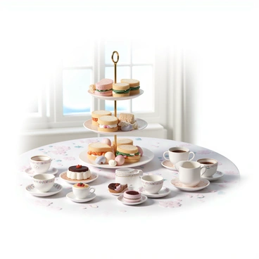 A classic afternoon tea setup featuring a three-tiered stand. The top tier holds an assortment of delicate sandwiches, including cucumber and cream cheese, smoked salmon, and egg salad. The middle tier is filled with freshly baked scones, served with clotted cream and strawberry jam on the side. The bottom tier contains an array of pastries and sweets, such as éclairs, macarons, and mini tarts. A floral tablecloth covers the table, and there are fine china teacups with matching saucers, along with a teapot, all elegantly arranged. The scene is brightened by natural light coming through a nearby window.