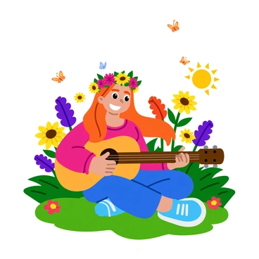 A young girl with long, flowing hair is wearing a colorful flower crown adorned with vibrant daisies and sunflowers. She is sitting in a blooming meadow filled with an array of wildflowers in shades of purple, yellow, and red. In her hands, she holds a wooden guitar, strumming it gently as she smiles. Butterflies flutter around her happily, and the sun shines brightly, casting a warm glow on the scene. The grass beneath her is lush and green, creating a soft base for the joyful moment.