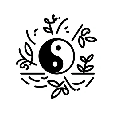 A "yin-yang" symbol is placed at the center of the image. The symbol is encircled by a variety of "flourishing plants," including ferns and leaves, creating a sense of abundance. Additionally, "flowing water" is depicted, with gentle curves and lines that suggest movement around the plants. The overall composition emphasizes harmony and balance, with the natural elements complementing the yin-yang symbol.