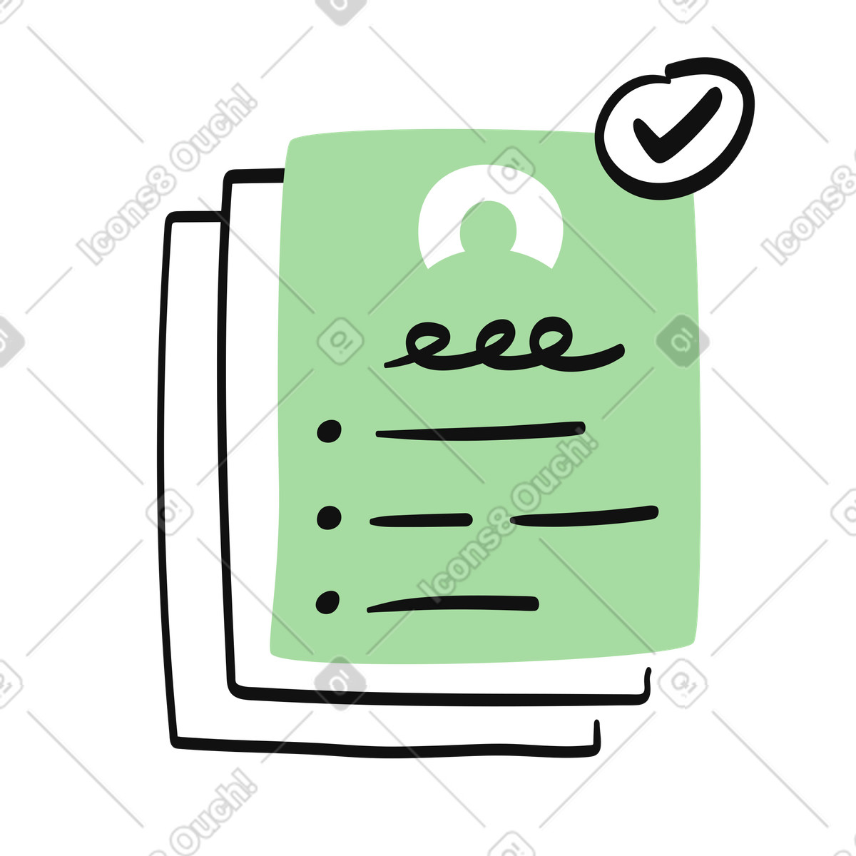 Ilustración Resume document approved with checkmark and profile avatar icon en estilo Organic a descargar en PNG y SVG