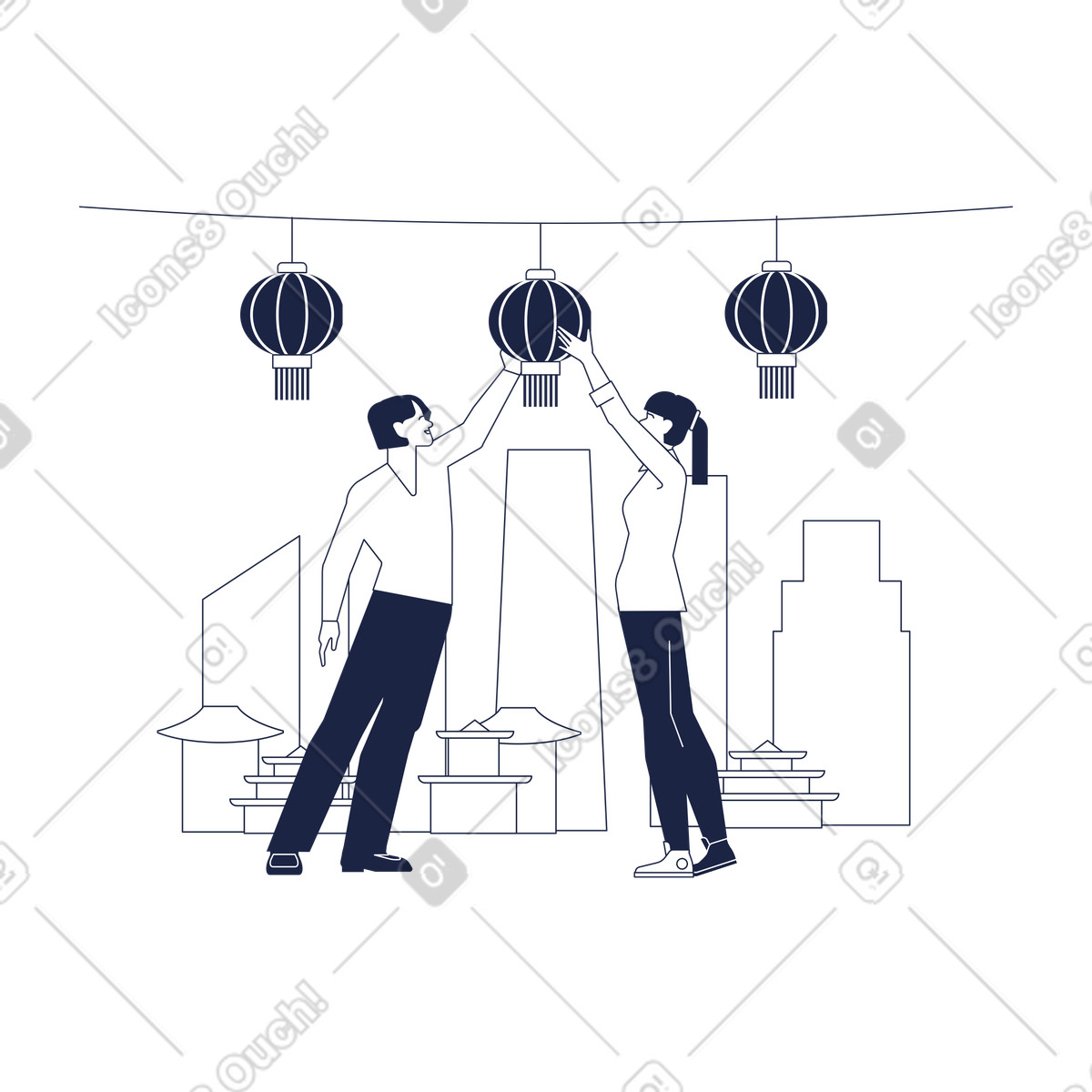 Urban Line スタイルの Hanging lanterns in city, Festive street decoration for Chinese New Year のイラストをPNG、SVG形式でダウンロード