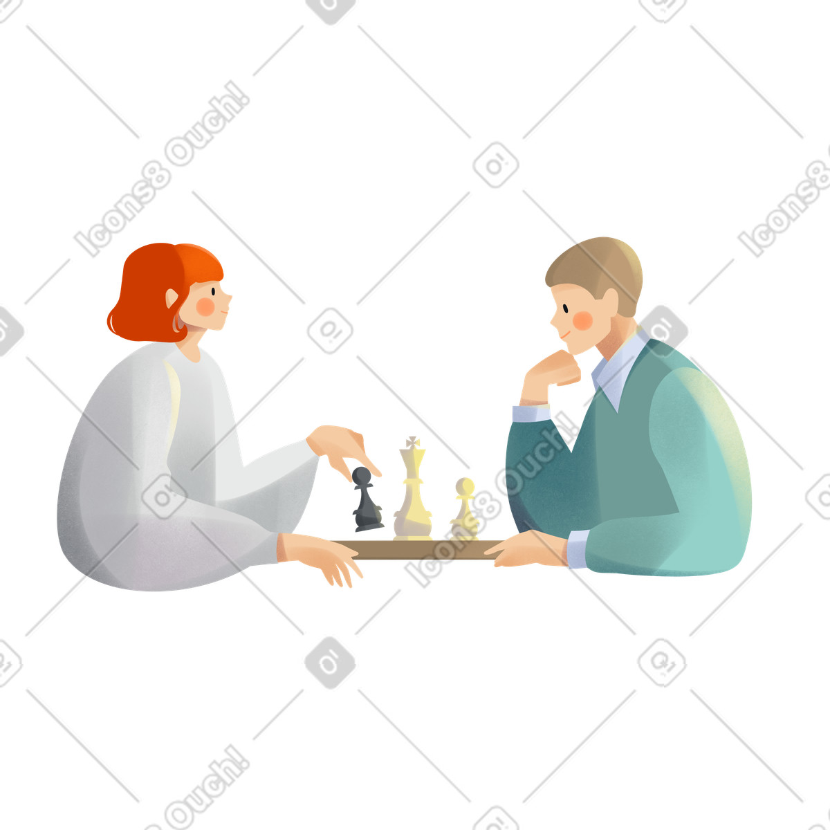Young red hair woman and man playing chess-Illustration im Shine-Stil als Download in PNG, SVG