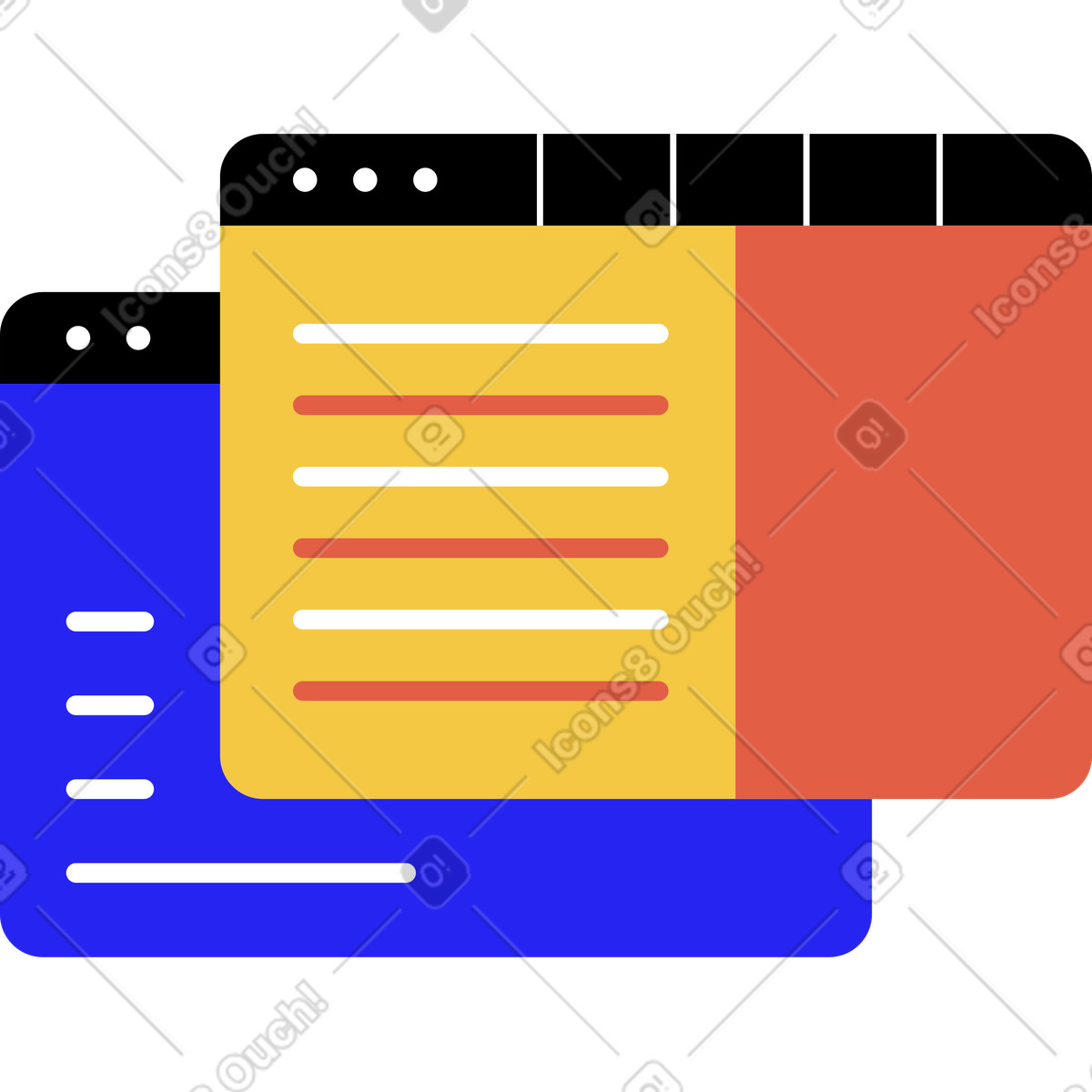 Flat スタイルの 2 つのブラウザ ウィンドウ のイラストをPNG、SVG形式でダウンロード
