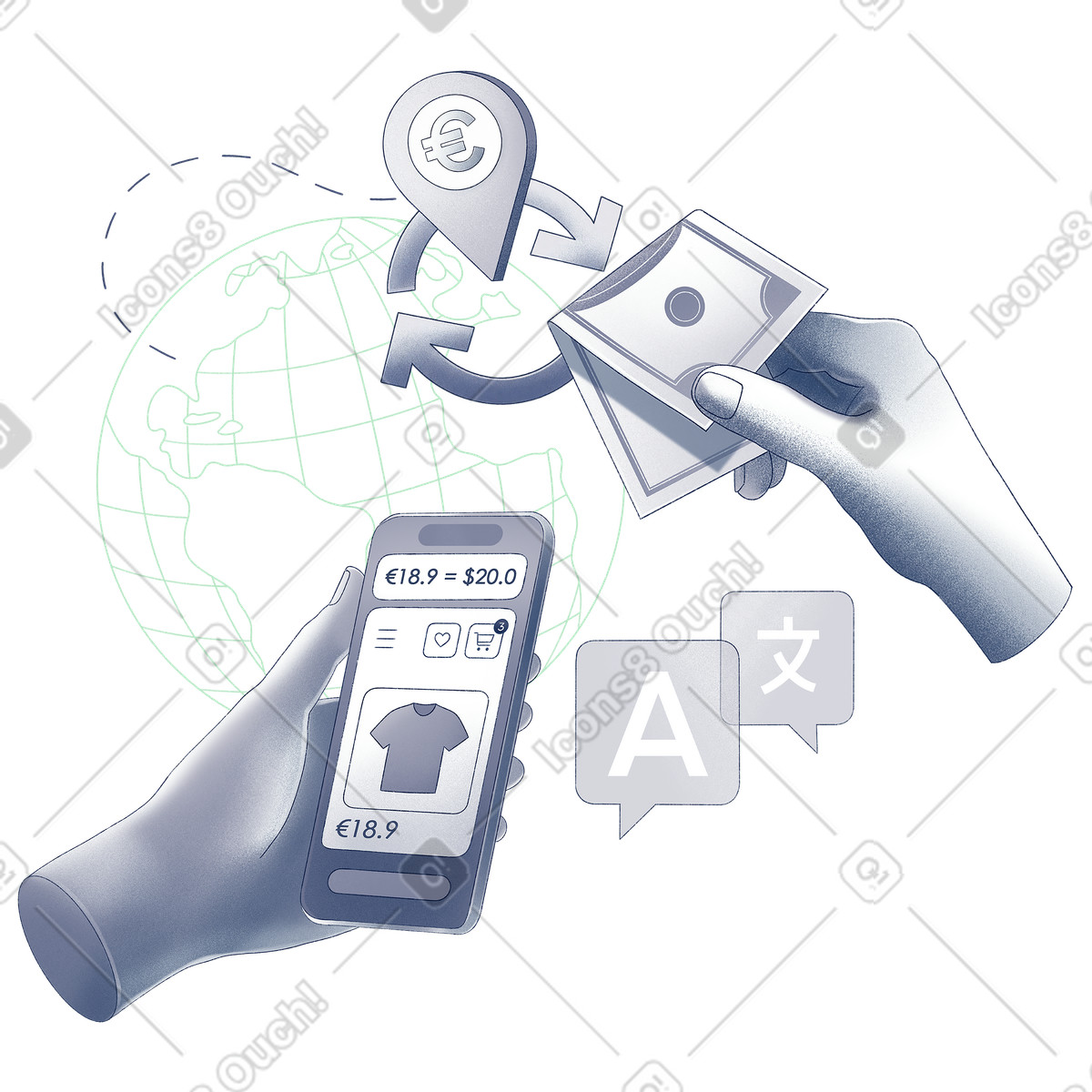 Converting currency for an online purchase illustration in Haze style download in PNG, SVG