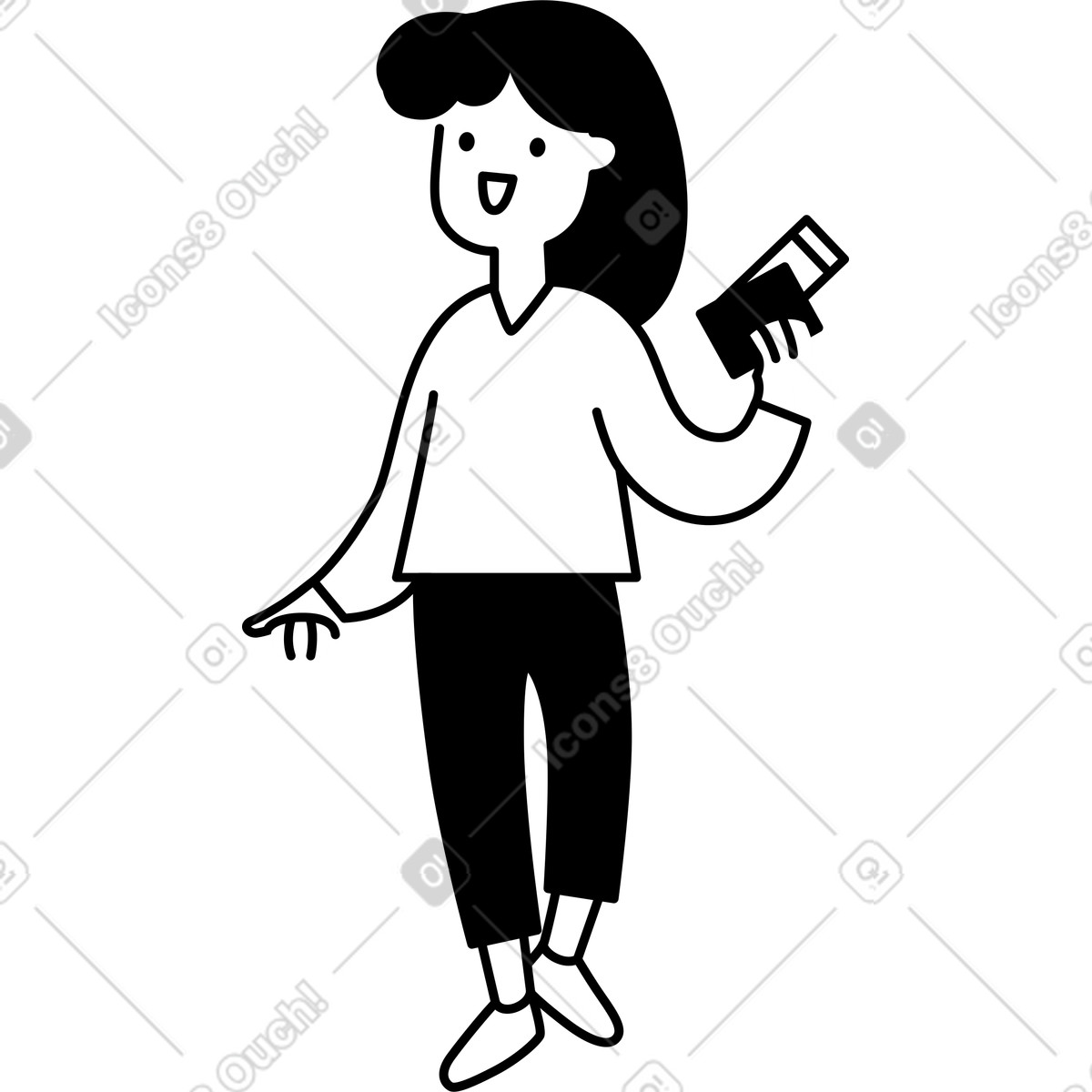 Character holding credit card and shopping bag smiling confidently-Illustration im Notion Line Art-Stil als Download in PNG, SVG