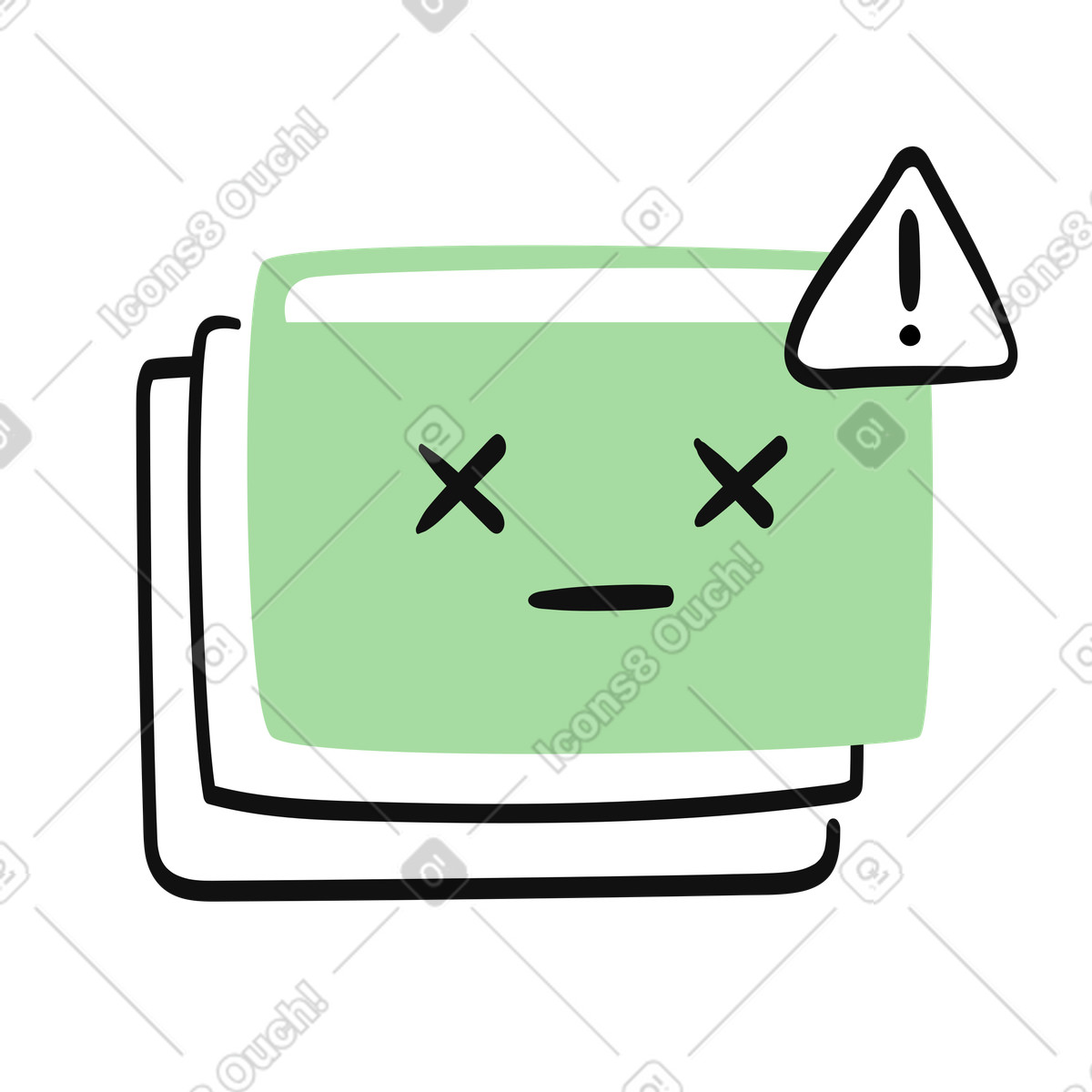 Illustration Computer error screen with dead face and warning exclamation sign dans le style Organic à télécharger aux formats PNG, SVG