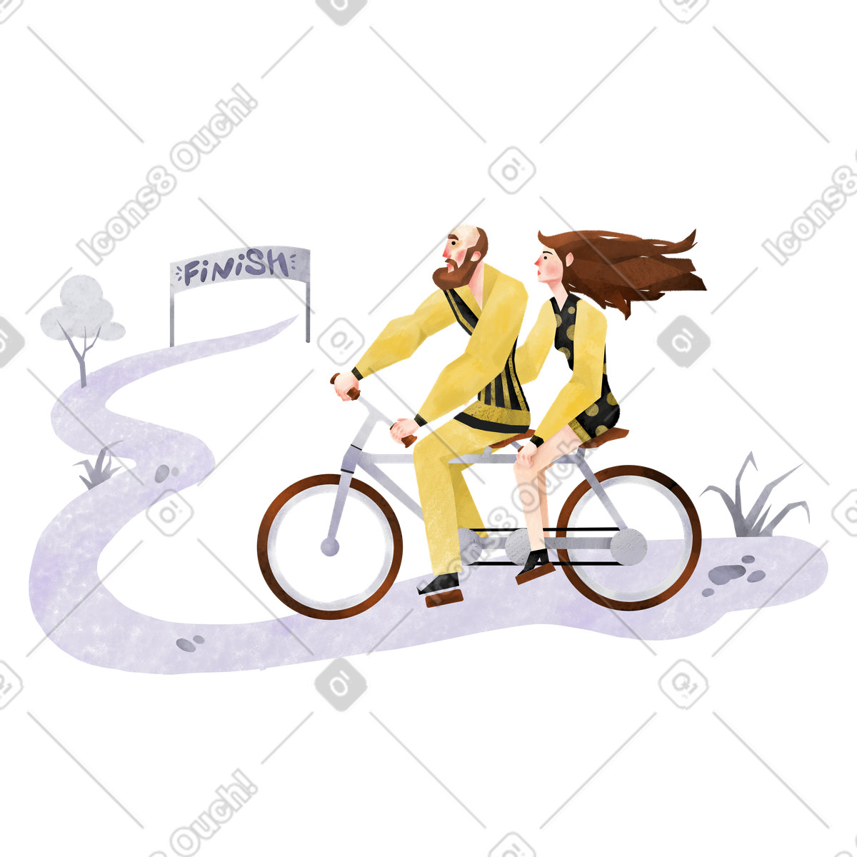 Partners cycling together to finish sign, Partnership and reaching goals illustrazione in stile Family scarica in PNG, SVG