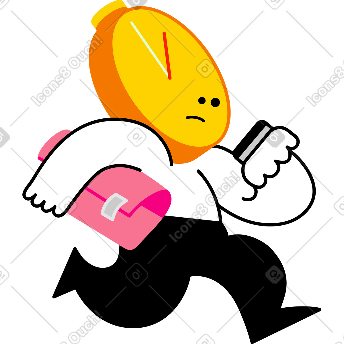 Character with a timer head running illustration in Giggle style download in PNG, SVG