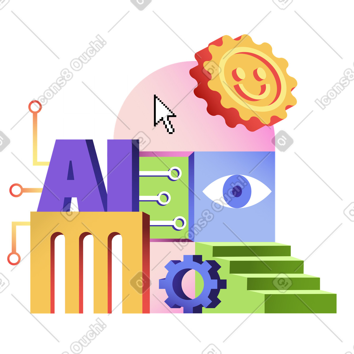 Иллюстрация AI letters with digital eye and gear, Artificial intelligence machine learning в стиле Levels — скачать в форматах PNG, SVG