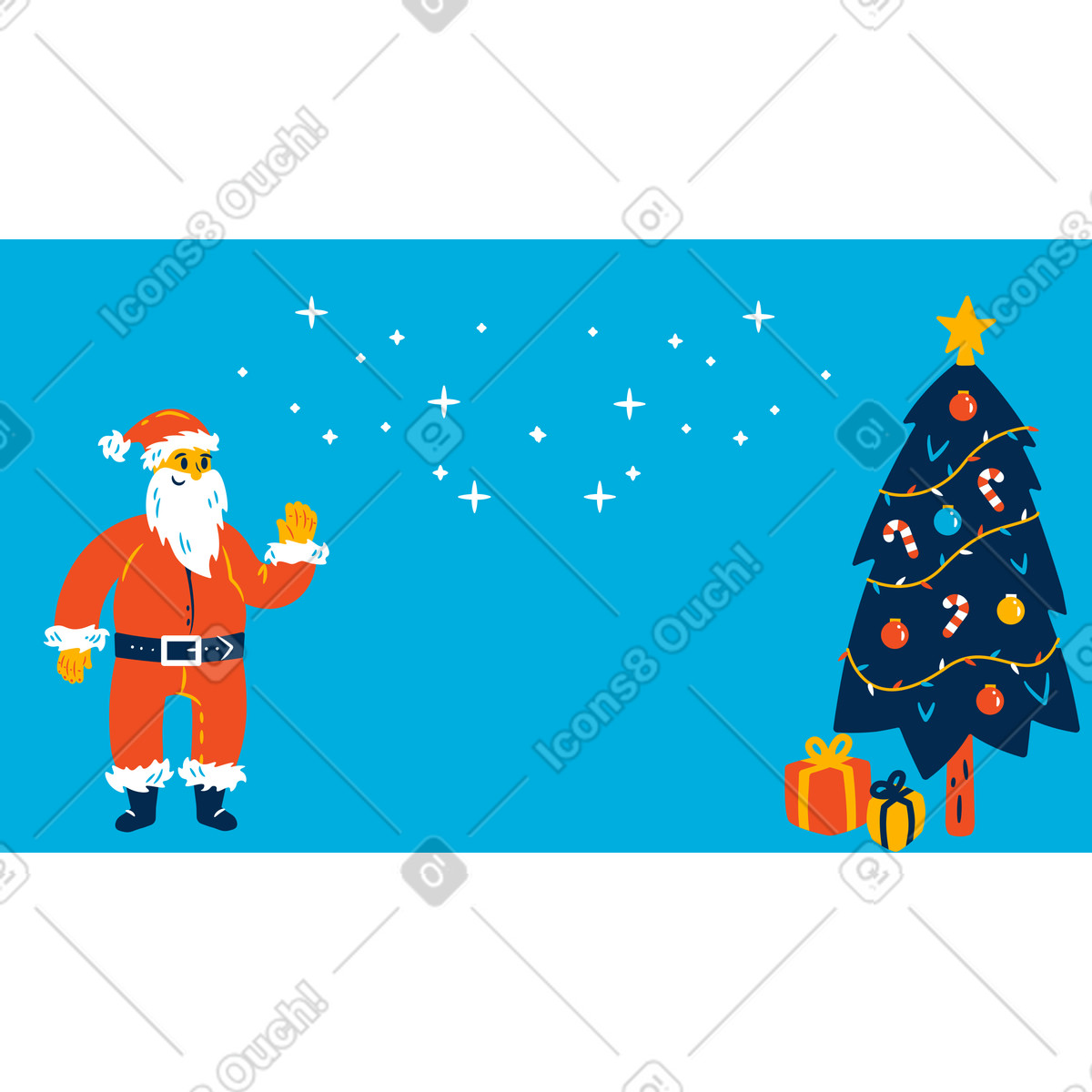 Christmas tree with gifts and Santa Claus, Holiday greeting or festive card illustration in Flame style download in PNG, SVG