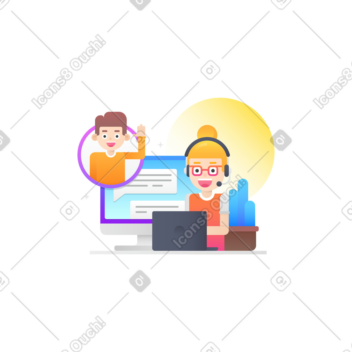 Support agent chatting on computer, Remote help and troubleshooting illustration in Hugo style download in PNG, SVG