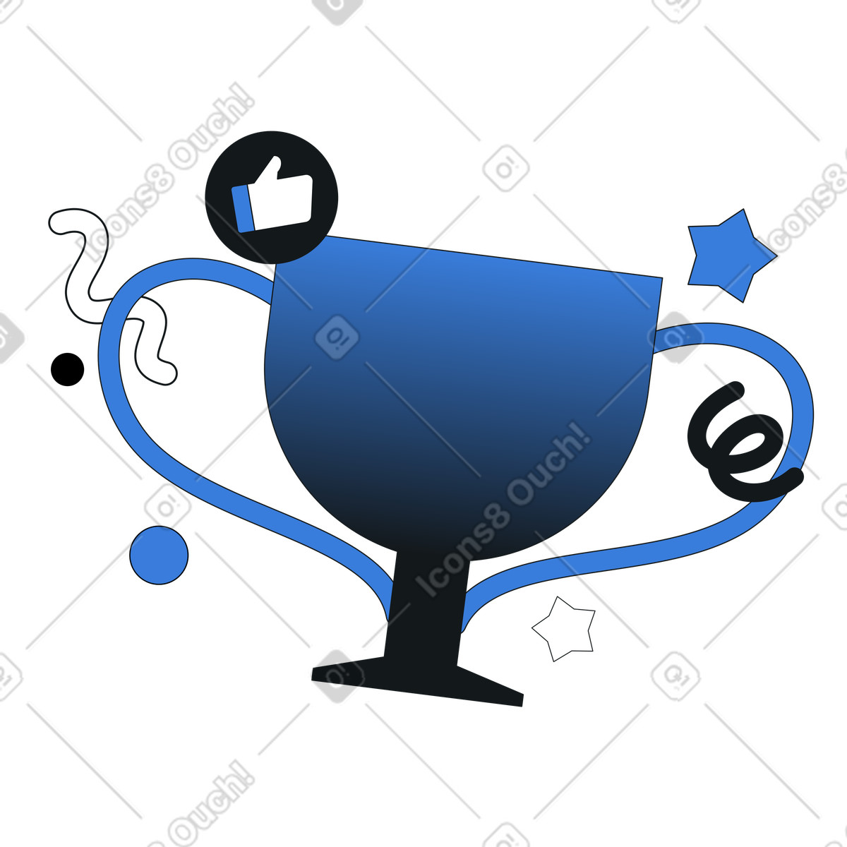 Trophy cup with thumbs up icon, accomplishment celebration and reward illustration in Midnight style download in PNG, SVG