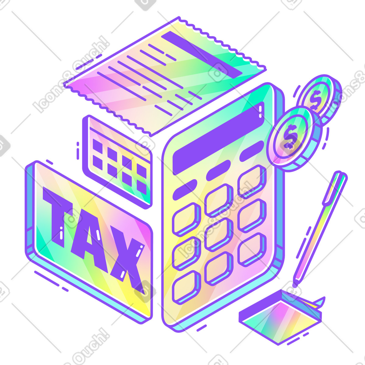下载 Holographic 风格的 Calculator, coins, and tax form, Personal finance management 插画，支持 PNG、SVG 格式