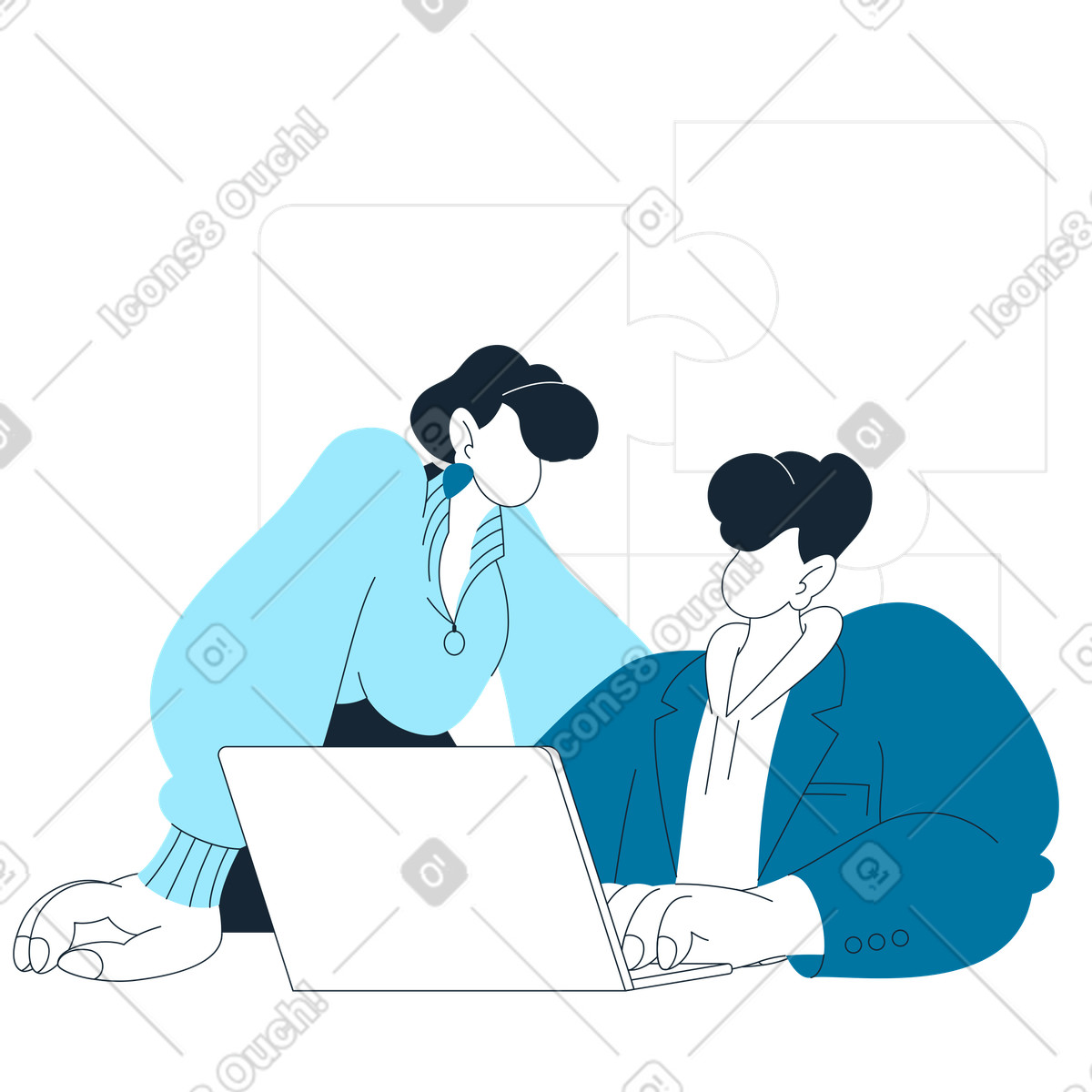 Two women with laptop brainstorming during teamwork illustration in Indigo style download in PNG, SVG