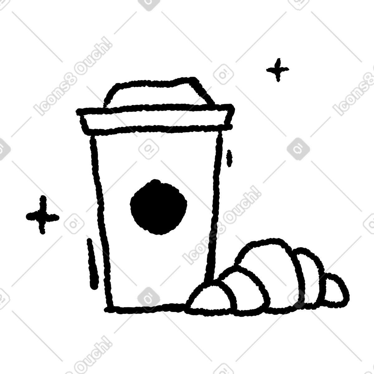 Coffee cup takeaway with croissant breakfast snack and sparkles illustrazione in stile Black Chalk scarica in PNG, SVG