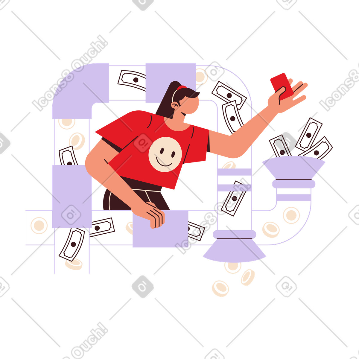 下载 Folks 风格的 Customer with a credit card in cash flows, Money transfer and transaction 插画，支持 PNG、SVG 格式