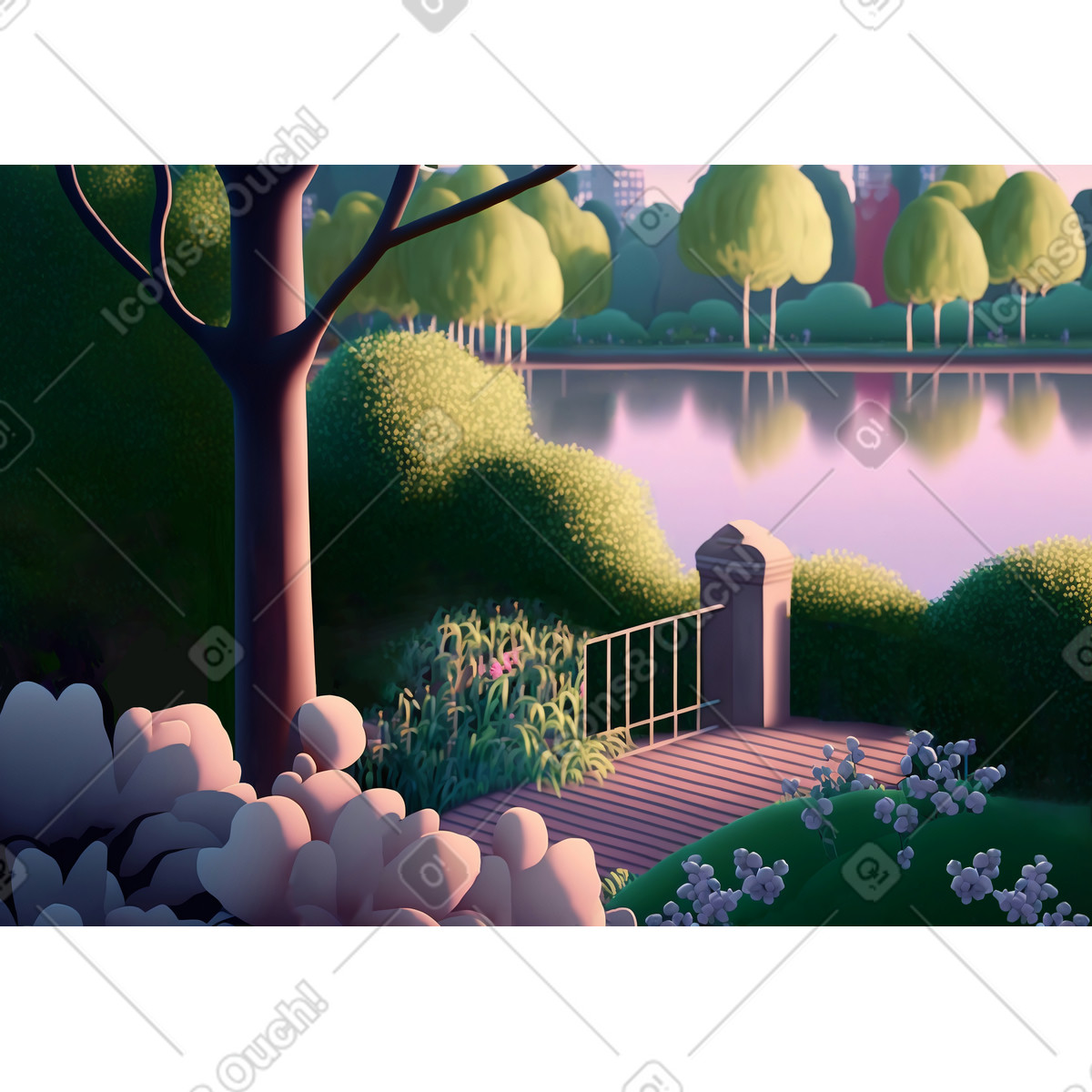 3D cartoon spring city park with lake illustration in PNG, SVG