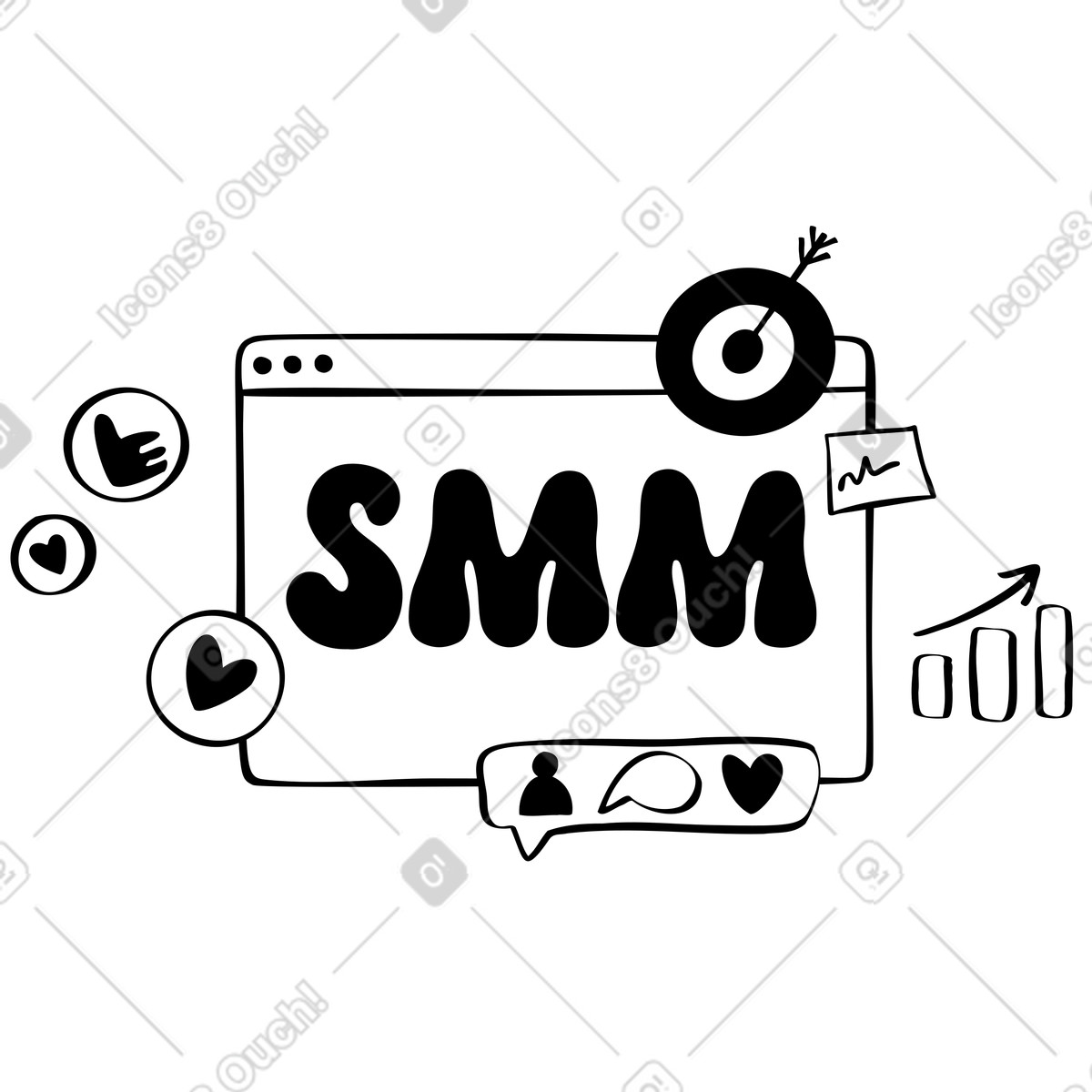 Lettering smm con target, grafici e icone dei social media illustrazione in stile Journal scarica in PNG, SVG