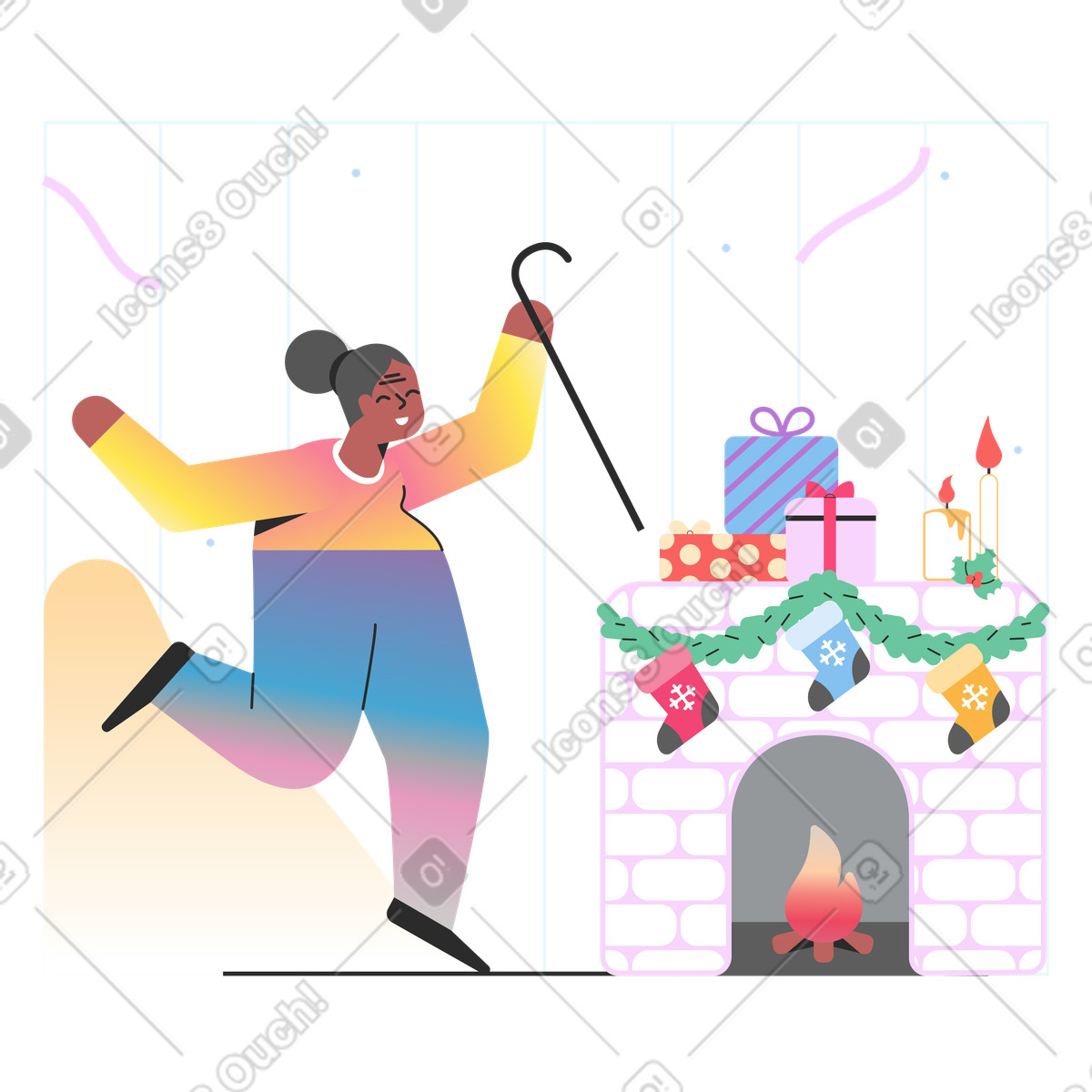 Old woman with a stick dancing at fireplace Christmas illustration clipart images collection