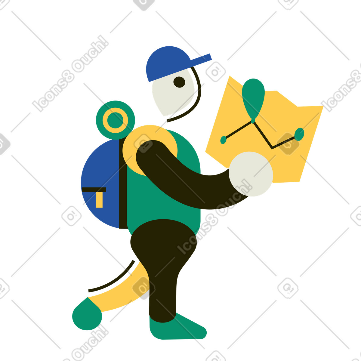 Reisender mit rucksack schaut sich route auf karte an-Illustration im Spot-Stil als Download in PNG, SVG