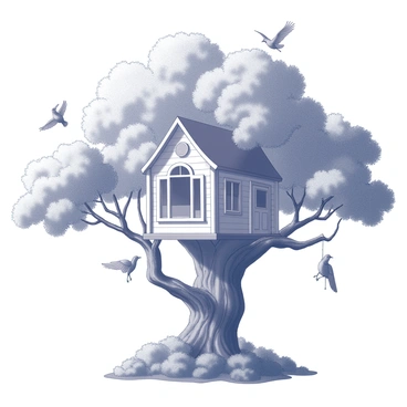 A whimsical treehouse built within the branches of a large tree. The structure features a curved roof and multiple windows, adding to its charm. The tree is thick and leafy, showcasing a lush canopy with various shades of green. Several birds are perched on branches nearby, some in mid-flight, while others are resting. The ground is covered with dense foliage, enhancing the natural setting surrounding the treehouse.