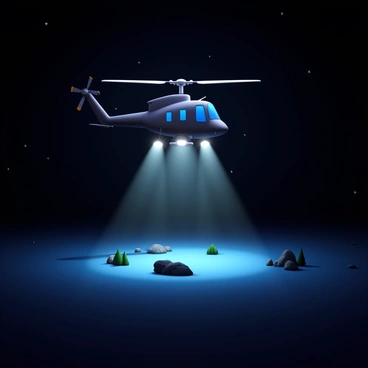 A KMAX helicopter in flight, equipped with searchlights, illuminating a dark, expansive landscape below. The helicopter's rotor blades are in motion, creating a dynamic effect. The searchlights cast bright beams of light that cut through the darkness, revealing patches of terrain, trees, and rocky outcrops. The night sky is deep black, dotted with a few stars, enhancing the contrast of the illuminated areas. The helicopter is positioned at a slight angle, showcasing its distinctive design and features during the operation.