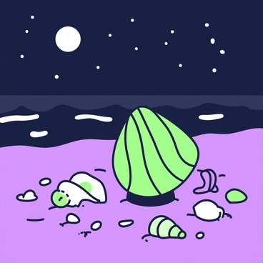 A glowing conch shell lantern is placed on the sand of a dark beach at night. The conch shell is intricately detailed, with smooth curves and a subtle texture. The lantern emits a warm light that softly illuminates the surrounding sand, creating gentle shadows. In the background, a calm ocean is visible under the moonlight, with small waves lapping at the shore. Scattered seashells and pieces of driftwood surround the lantern, enhancing the natural beach scene. The sky above is dotted with stars, adding to the tranquil atmosphere of the night.