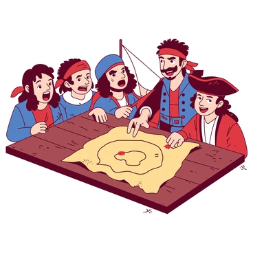 A group of excited pirates with distinct features and clothing is gathered around an old, weathered treasure map displayed on a wooden table. Each pirate has a unique expression of anticipation on their faces, showcasing their enthusiasm for the adventure ahead. The pirates are adorned in various shades of red and blue clothing, complete with bandanas, eye patches, and swords sheathed at their sides. One pirate is pointing at a marked location on the map, while another holds a compass, ready to guide the crew. The background shows a ship's deck, with ropes and sails visible, hinting at the adventure on the high seas that awaits them.