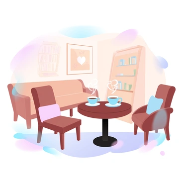 A cozy café scene featuring wooden tables and comfortable chairs. There are two coffee cups on one of the tables, with "heart-shaped steam" rising gently from each cup. The walls of the café are adorned with warm-toned artwork, and a small bookshelf in the corner adds to the inviting atmosphere. Soft, ambient lighting casts a warm glow throughout the space, enhancing the romantic feel of the environment.