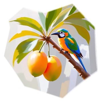 A colorful bird with vibrant plumage perched on a sturdy branch of a mango tree. The bird displays a brilliant mix of blues, greens, and yellows in its feathers. The branch is thick and textured, adorned with lush green leaves that provide a natural frame. Ripe mangoes hang from the tree, their golden-yellow skin contrasting beautifully with the greenery. Sunlight filters through the leaves, casting dappled light on the scene, enhancing the vivid colors of the bird and the fruit.