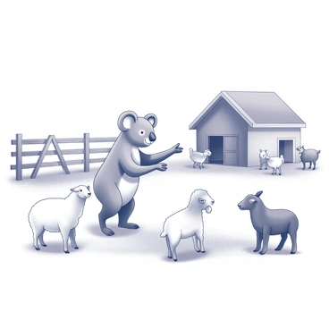 A koala standing on its hind legs at a farm. The koala is reaching out with one paw towards a curious sheep. Nearby, a group of goats is gathered, watching the koala with interest. In the background, there is a wooden fence and a small barn, with a few chickens pecking at the ground. The scene captures the playful interaction between the koala and the farm animals, with the animals displaying various expressions of curiosity.