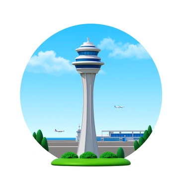 The iconic "Changi Airport control tower" stands tall against a backdrop of "clear blue sky" adorned with "light, fluffy clouds." The control tower features a modern design with a sleek, cylindrical top and multiple levels. The tower is surrounded by "lush greenery" and "well-maintained landscaping," emphasizing its prominence in the scene. "Airplanes" can be seen in the distance on the tarmac, adding to the airport atmosphere.