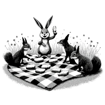 A group of cartoon animals is gathered in a grassy meadow. There is a cheerful rabbit with long ears, a playful fox with a bushy tail, and a curious squirrel. They are sitting on a large, checkered blanket spread on the ground. On the blanket, there are several sandwiches arranged neatly. The animals are interacting joyfully, with the rabbit holding a sandwich up as if offering it to the others. The squirrel is nibbling on a piece of fruit, while the fox is looking at a small container of snacks. In the background, wildflowers are scattered across the meadow, adding to the cheerful atmosphere.