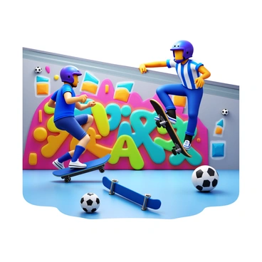 An illustration featuring a dynamic scene that combines extreme sports elements with football. A skateboarder performing a trick while wearing a football helmet. Nearby, a BMX rider is doing a jump, showcasing a football jersey. The background includes a vibrant graffiti wall with football motifs and extreme sports graphics. A soccer ball is rolling on the ground next to a skateboard. The atmosphere is energetic, reflecting the fusion of these two cultures.