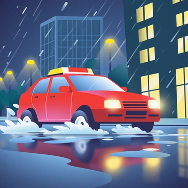 An express car splashing through puddles on a rainy city street under streetlights