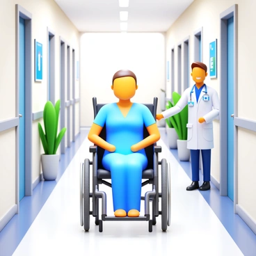 A volunteer assisting a patient in a wheelchair. The patient appears comfortable and is wearing a hospital gown. The corridor is well-lit, featuring white walls and polished tile floors. There are medical posters on the walls, and potted plants are placed at intervals. The volunteer is smiling and wearing a badge, showing care and support. The wheelchair is modern and designed for easy maneuverability.
