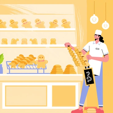 A cozy bakery with warm wooden shelves filled with various baked goods. The interior is adorned with soft, ambient lighting that highlights the delicious treats. In the display case, there are rows of golden-brown gingerbread cookies shaped like stars and gingerbread men. A baker, wearing a white apron and a chef's hat, is placing a batch of freshly baked cookies onto a cooling rack. The air is filled with swirls of sweet spice, and a small chalkboard sign displays "Fresh Gingerbread Cookies" in playful lettering.