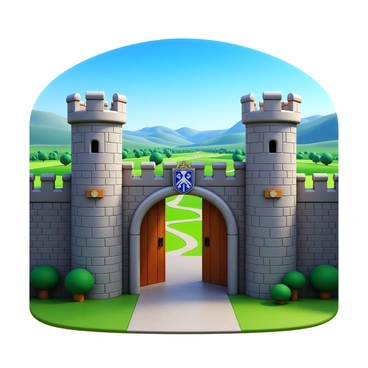 A majestic main gate of a medieval castle with stone walls and large wooden doors. The gate is adorned with intricate ironwork and emblazoned with a coat of arms. Towering battlements rise above the gate, providing a sense of strength and protection. In the background, a sprawling valley stretches out, dotted with lush greenery and winding paths. The sky above is a clear blue, enhancing the grandeur of the scene.