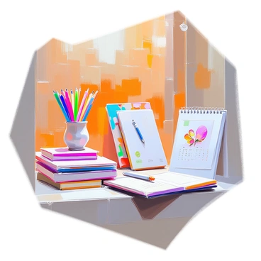 A stationery shop window display showcasing a variety of eye-catching items. The display features colorful notebooks stacked neatly, with intricate designs on the covers. There are bright gel pens arranged in an arc, their vibrant colors glistening in the light. Several elegant greeting cards with delicate illustrations are propped up against the window, inviting passersby to take a closer look. A whimsical calendar with artistic illustrations sits prominently, catching attention with its playful images. The overall arrangement of items creates a vibrant and inviting scene, perfect for inspiring creativity.