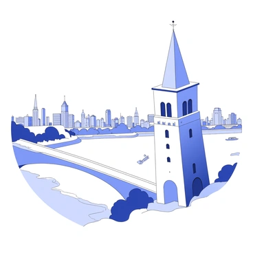 A view from a bridge tower overlooking a river and city beyond