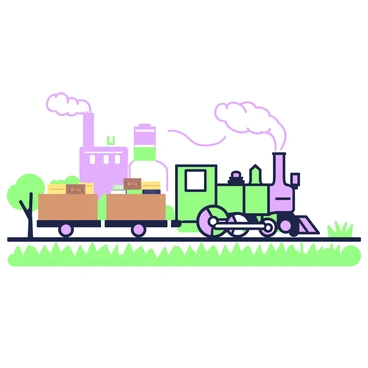 A vintage locomotive is depicted moving along a railway track. The locomotive features large, round wheels and a distinctive steam engine at the front, releasing puffs of smoke. It is pulling a long line of wooden freight cars filled with various goods such as crates and barrels. In the background, a factory can be seen with smokestacks emitting smoke into the sky. The setting includes green grass on either side of the tracks, and a few trees are scattered around the area, providing a sense of environment to the scene.