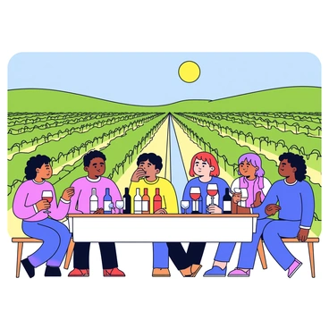 A vineyard with rows of lush green grapevines stretching into the distance. In the foreground, a long wooden table is set up with a white tablecloth. On the table, there are various bottles of wine, each with elegant labels. Guests are gathered around the table, holding glasses filled with red, white, and rosé wine. Some guests are engaged in conversation, while others are taking small sips and discussing the flavors. The sun is shining brightly, casting soft shadows on the ground. In the background, there are rolling hills and a clear blue sky, enhancing the setting of the vineyard.